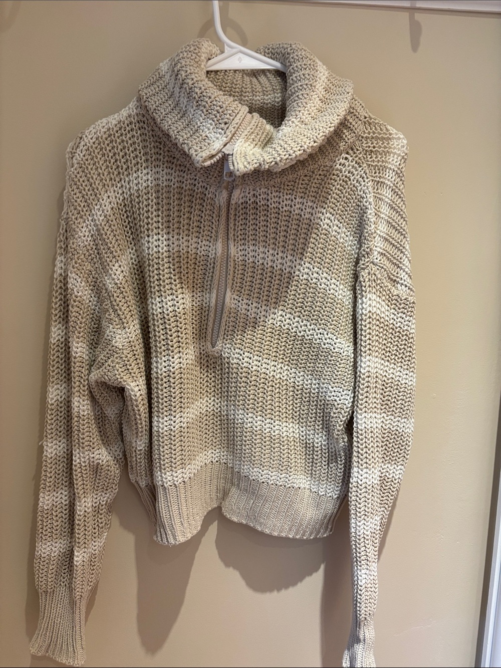 American Eagle Outfitters Cream Half-Zip Textured Knit Pullover